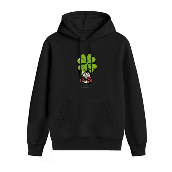 Black hoodie with cute ladybug holding four-leaf clover graphic