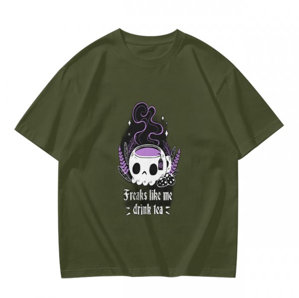 Olive graphic t-shirt with skull tea cup and 'Freaks like me drink tea' text