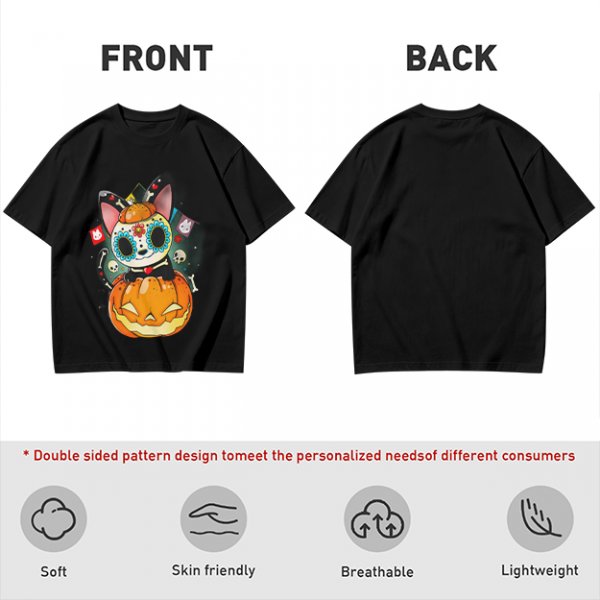 Olive t-shirt with sugar skull cat on jack-o'-lantern