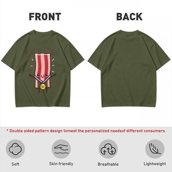 Olive T-Shirt With Cartoon Bacon Champion Medal Print