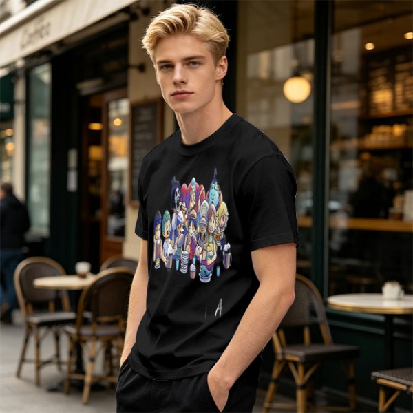 Olive T-Shirt with Anime Character Group Coffee Print