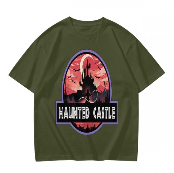 Olive T-Shirt with Haunted Castle Silhouette Graphic Design