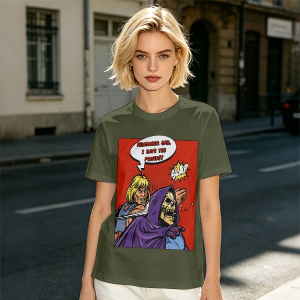 Olive T-shirt with He-Man slapping Skeletor comic print