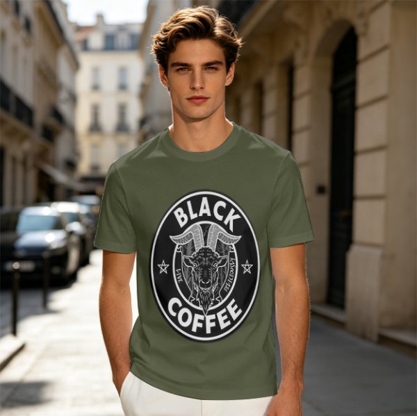 Olive green t-shirt with black goat head and Black Coffee graphic