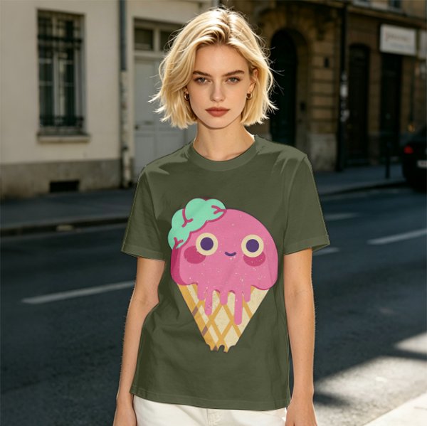 Olive T-Shirt With Cute Melting Pink Ice Cream Cone Graphic