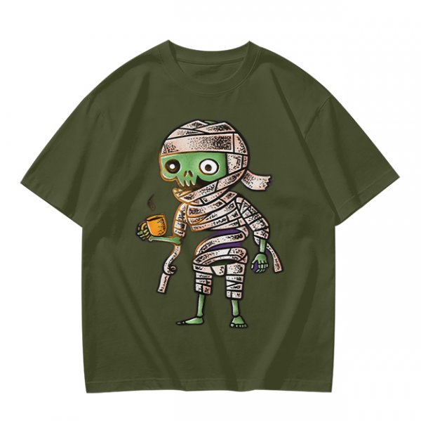 Olive T-Shirt With Cute Mummy Holding Hot Coffee Print