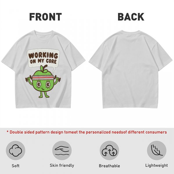 Olive green t-shirt with cartoon apple lifting dumbbells and 'Working on my core' text