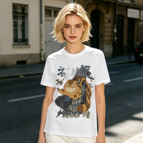 Olive T-shirt with giant cat bus monster and vintage planes graphic
