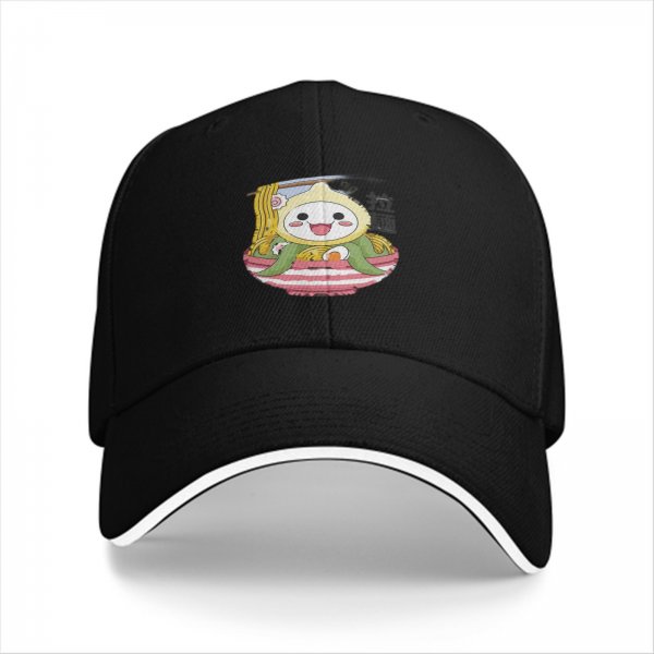 Black Baseball Cap With Cute Ramen Octopus Character Print