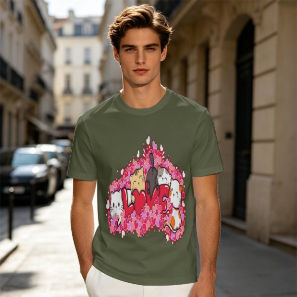Olive green t-shirt with cute cats and love hearts graphic