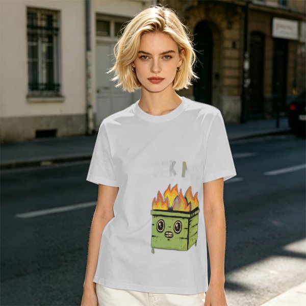 Olive Green T-Shirt With Cartoon Burning Dumpster Graphic