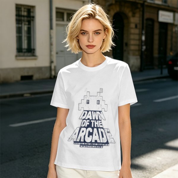 Olive T-Shirt with Retro Arcade Space Invader Graphic and Dawn of the Arcade Text