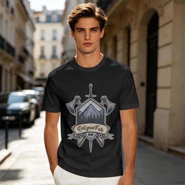 Olive T-Shirt With Viking Mountain Axe Sword 'Roll Your Fate' Print