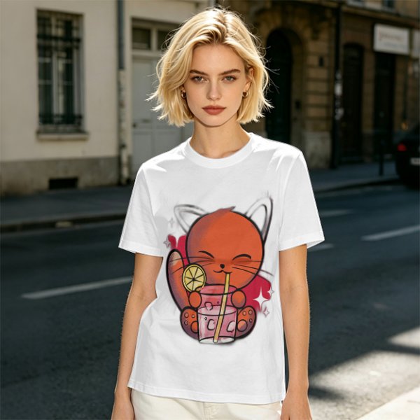 Olive Green T-Shirt With Cute Orange Cat Drinking Cocktail Graphic