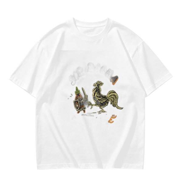 Olive Green T-Shirt With Knight Vs Rooster Fantasy Graphic Print