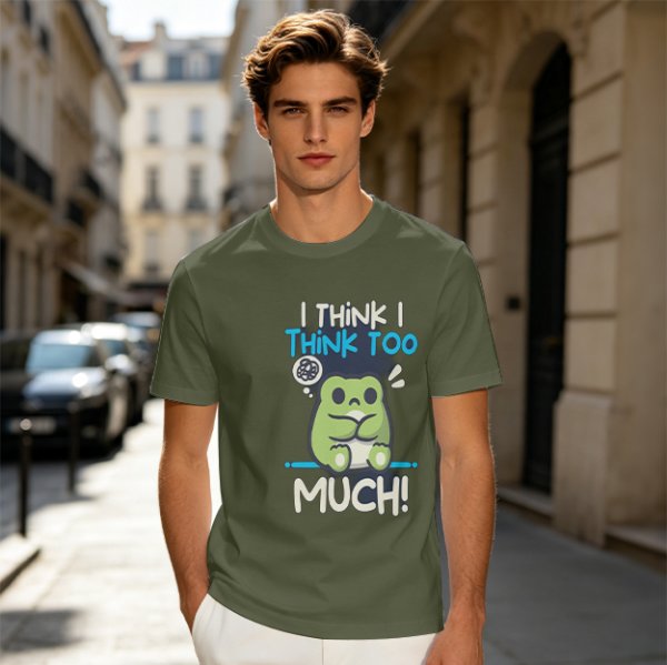 Olive t-shirt with 'I think I think too much' anxious frog print