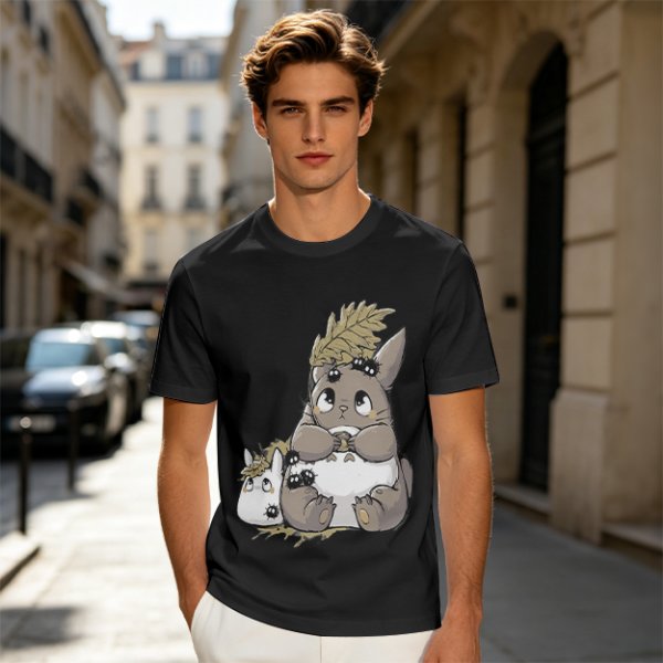 Olive T-Shirt With Cute Totoro And Soot Sprite Anime Print