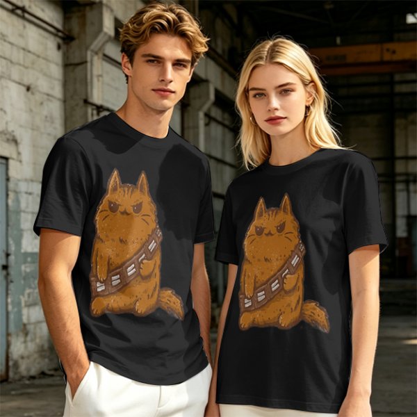 Olive green t-shirt with a grumpy cat in a Chewbacca-style bandolier print