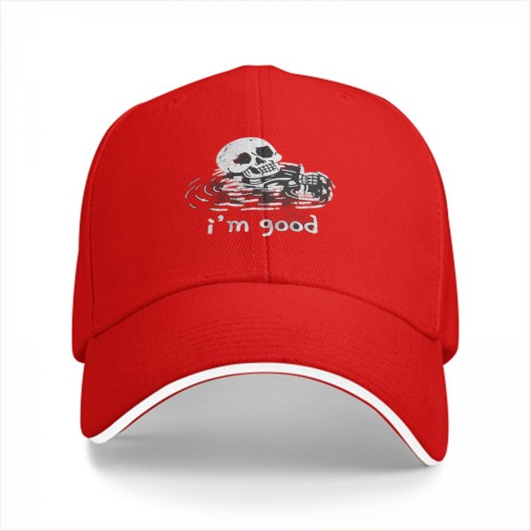 Black baseball cap with skull graphic and 'i'm good' text