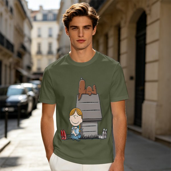 Olive T-Shirt with Peanuts Style Girl and Dog on Doghouse Print