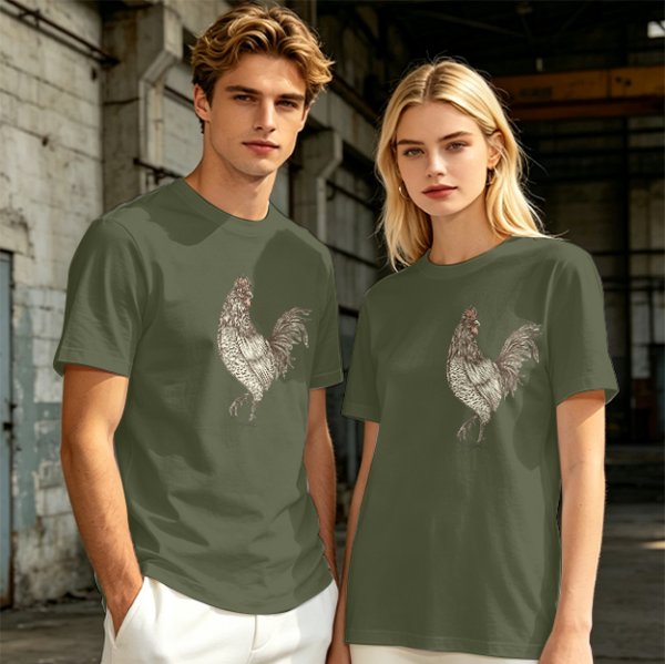 Olive Green T-Shirt With Vintage Rooster Graphic Print