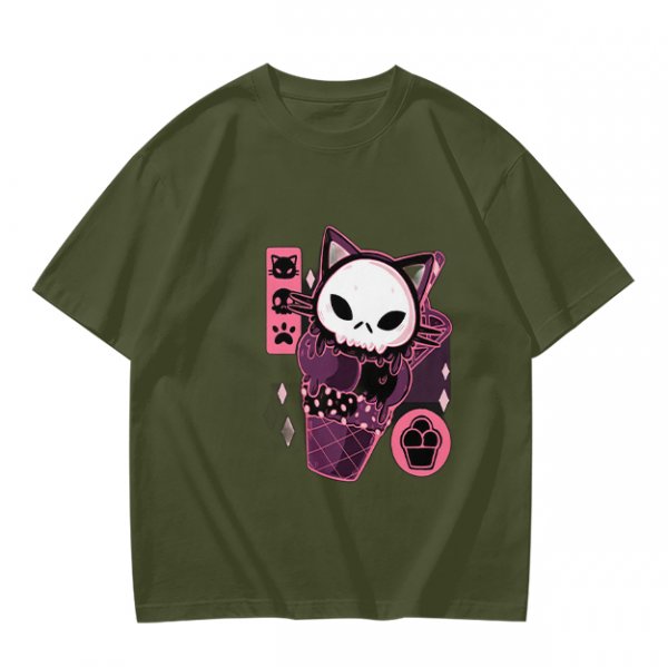 Olive T-Shirt with Skull Cat Ice Cream Graphic Print