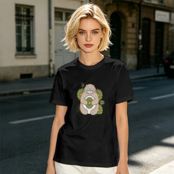 Olive Green T-Shirt With Cute Totoro And Leaf Print