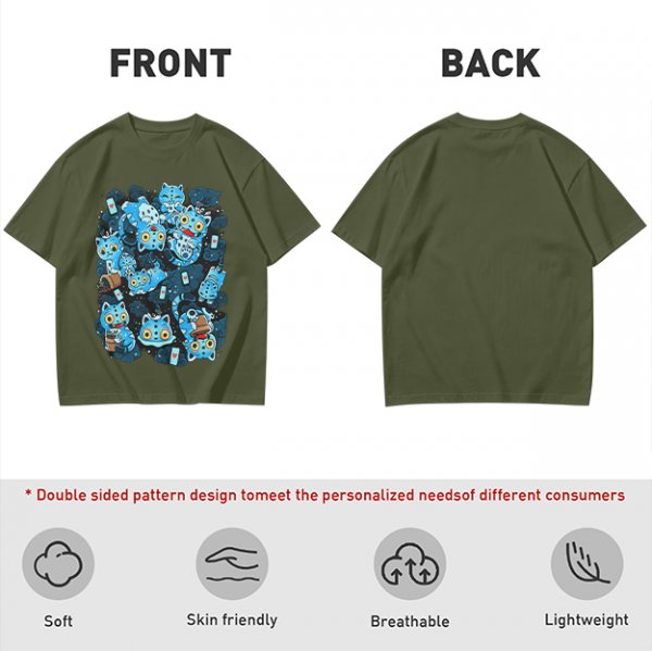 Olive T-Shirt With Playful Blue Cat Character Print