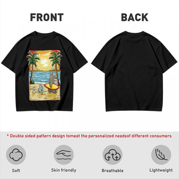 Olive T-Shirt with Beach Scene Print Featuring Totoro and Friends