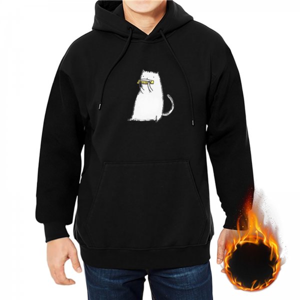 Black Hoodie With White Cat Holding Banana Graphic Print