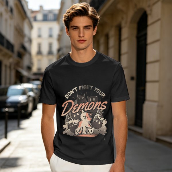 Olive graphic t-shirt with 'Don't Fight Your Demons' cat art