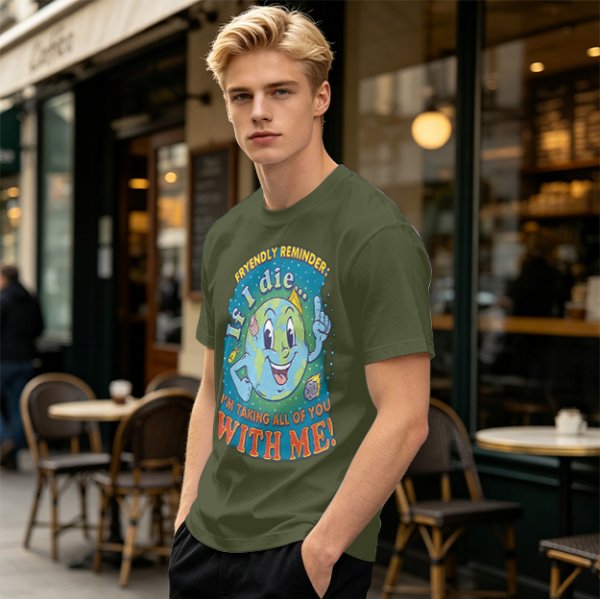 Olive t-shirt with cartoon earth 'friendly reminder' print