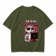 Olive graphic t-shirt with raccoon doing the bare minimum at computer