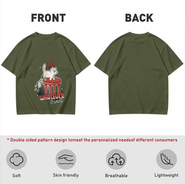 Olive graphic tee with a white cat on a stool and the text I do whatever I want