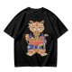 Olive T-Shirt Featuring a Cat in a Headband Eating Ramen