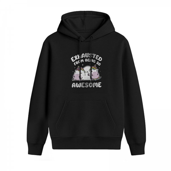 Black hoodie with 'Exhausted from being so awesome' unicorn print