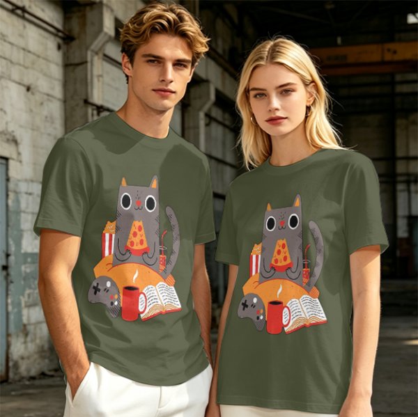 Olive T-Shirt With Cozy Cat Eating Pizza And Gaming Print