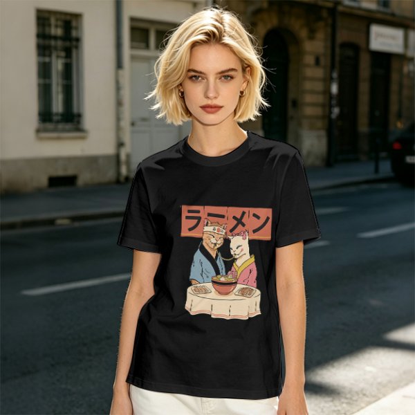 Olive T-Shirt With Cats Eating Ramen Japanese Art Print