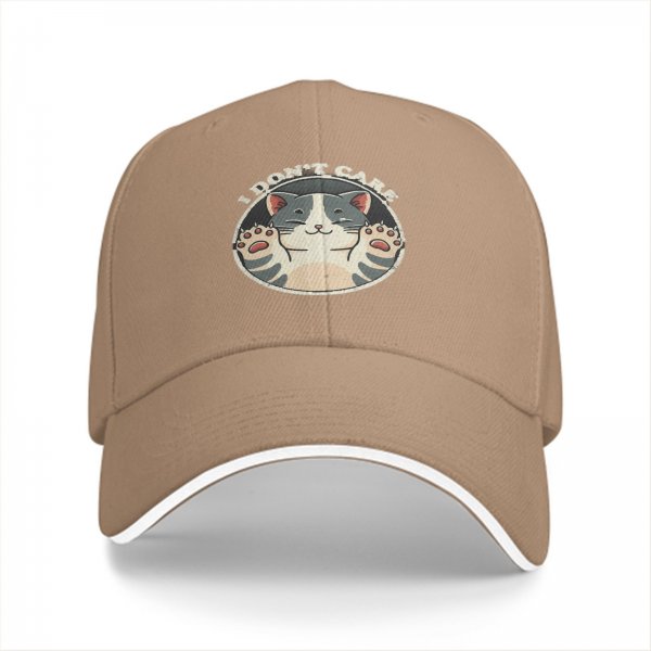 Black baseball cap with 'I DON'T CARE' and relaxed cat graphic