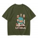Olive T-Shirt With Funny Cat Graphic 'Catholic' Print