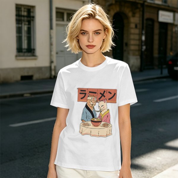Olive T-Shirt With Cats Eating Ramen Japanese Art Print