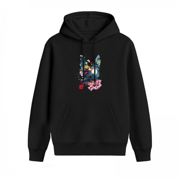 Black hoodie with artistic cat and cherry blossom graphic print