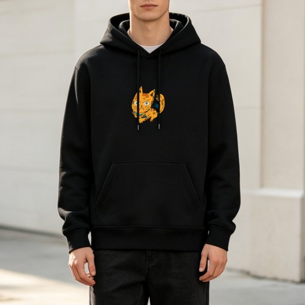 Black hoodie with distressed orange cat graphic print