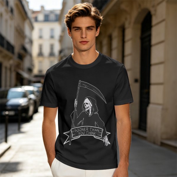 Olive Grim Reaper Graphic T-Shirt With Sooner Than You Think Text
