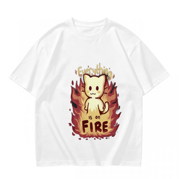 Olive Graphic T-Shirt With Everything Is On Fire Cat Design
