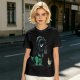 Olive T-shirt with cartoon dinosaur in Darth Vader helmet and chicken print