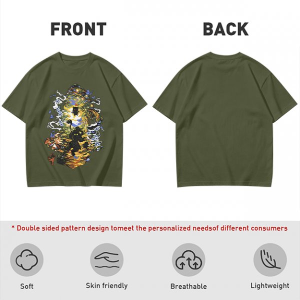 Olive Green T-Shirt With Mystical Cat Silhouette Graphic Print